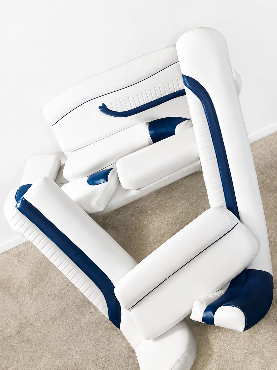 White and navy custom boat seat upholstery