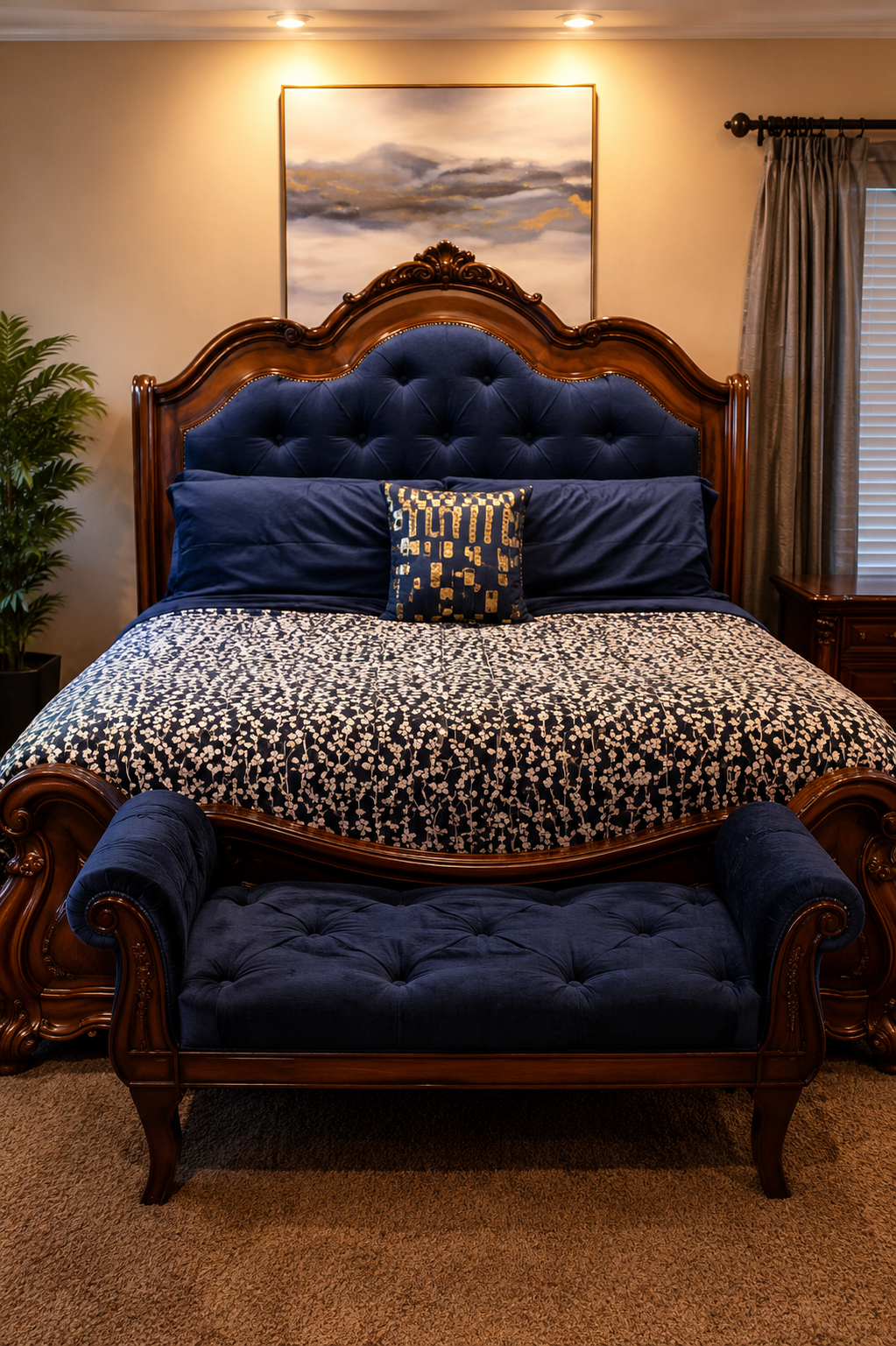 Navy tufted headboard and bench upholstery